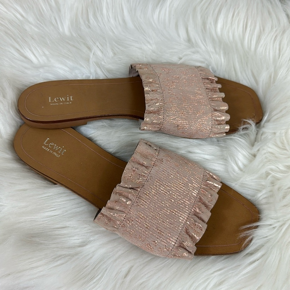 Lewit Cassandra Ruffle Pink Blush Rose Gold Leather Slide on Flats 7.5 - Picture 2 of 7